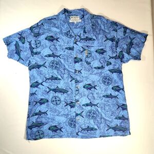 Columbia, Blue Marlin Print Men's Cotton Short Sleeve Shirt.   Size L